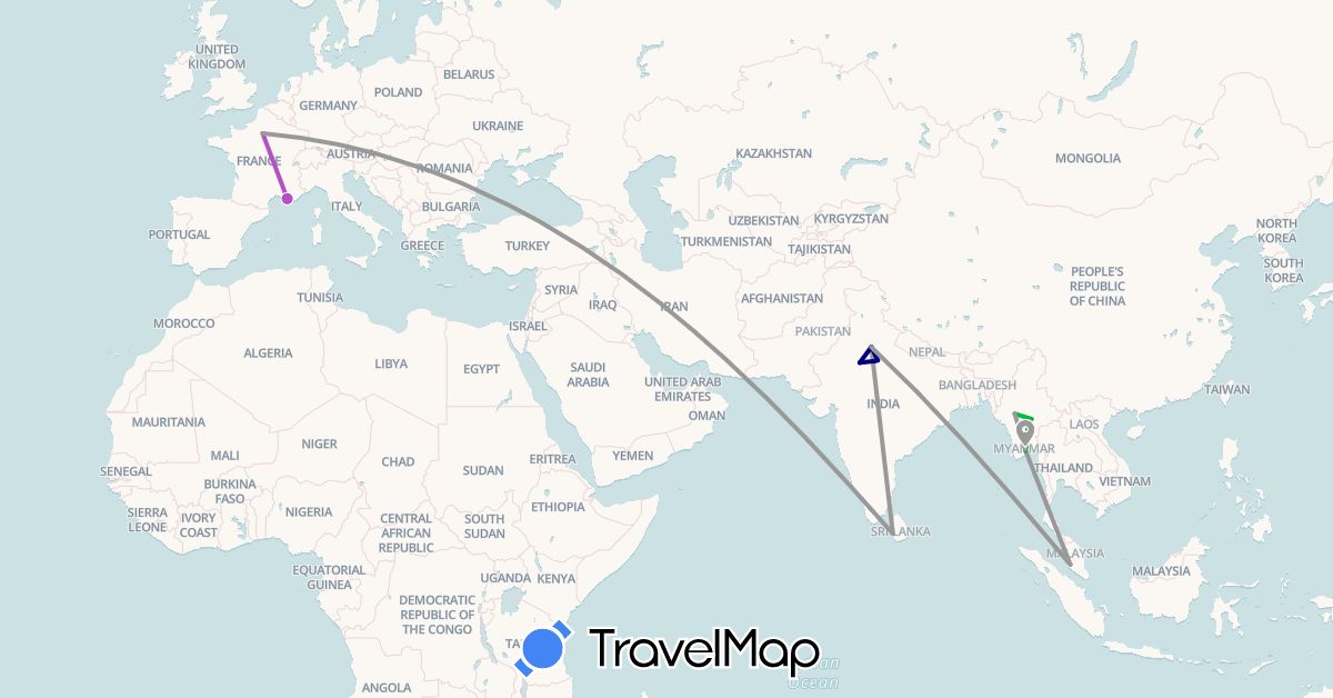TravelMap itinerary: driving, bus, plane, train, hiking in France, India, Sri Lanka, Myanmar (Burma), Malaysia (Asia, Europe)